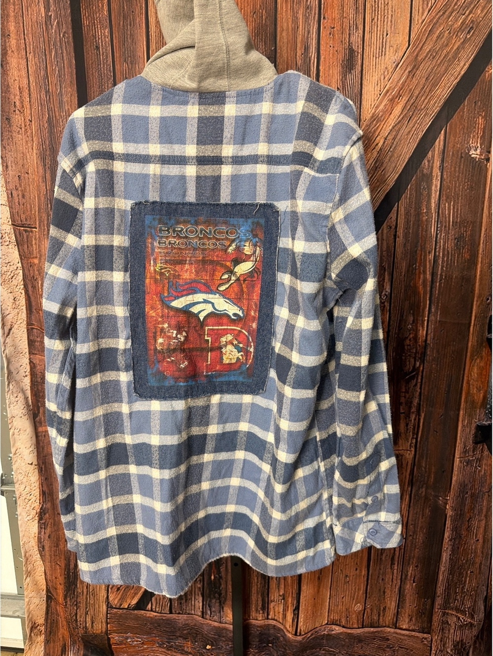 Bronco Upcycled Thrifted Flannel Shirt Jacket with Hoodie, Size 2XL